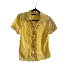 CATO Yellow Polka Dot Spring to Summer Ruffle Button Blouse – Size L Cottagecore